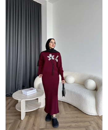 Pls-Çiçek Detay Jile Elbise - Bordo