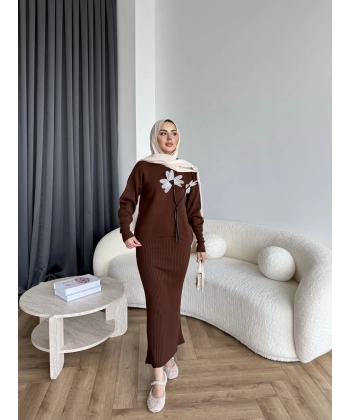 Pls-Çiçek Detay Jile Elbise - Kahve