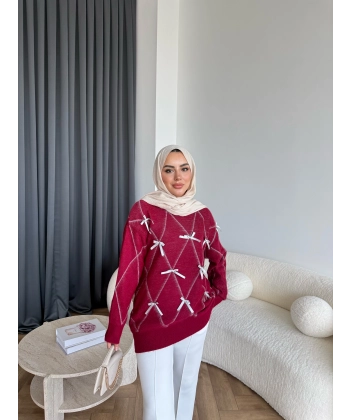 Pls-Kurdele Detay Triko Kazak - Bordo