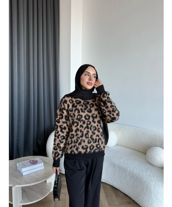 Pls - Leopar Desen Triko Kazak - Koyu