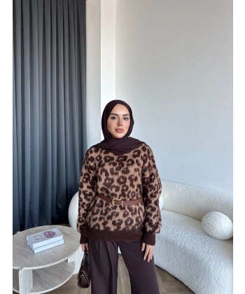 Pls-Leopar Desen Triko Kazak - Açık