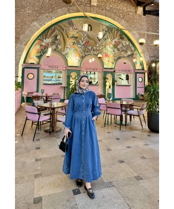 Polins Düğmeli Kot Elbise - Açık Mavi