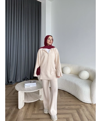 Polo Yaka Örgü Triko Takım - Bej