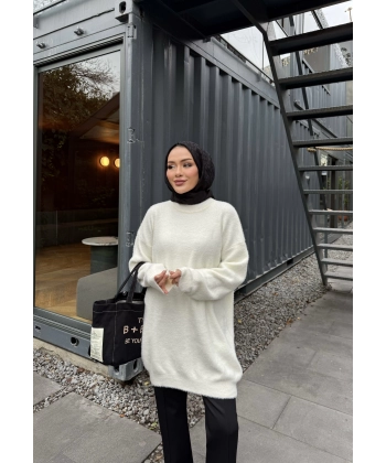 Sakallı Triko Tunik Kazak - Beyaz