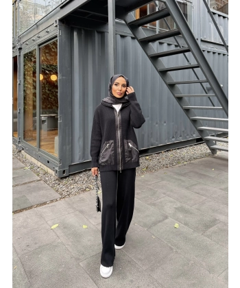 Selita Ön Fermuarlı Triko Takım - Siyah