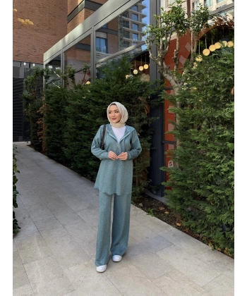 Simli Fermuarlı Triko Takım - Yeşil