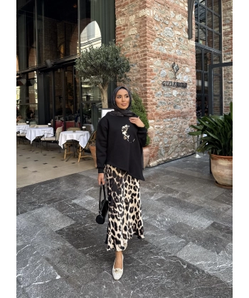 Şinda Leopar Detaylı Takım - Siyah