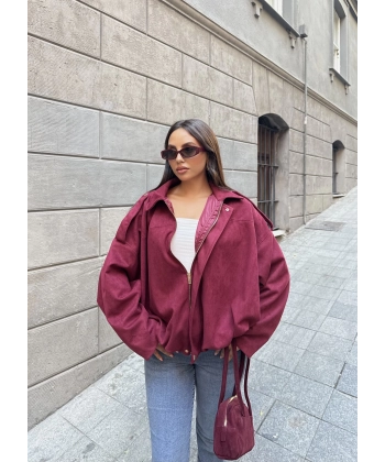 Süet Kumaş Bomber Ceket - Bordo