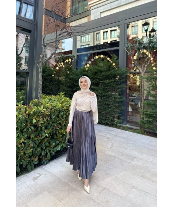 Taşlı Saten Etek - Gri