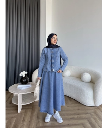 Tb - Çıtçıtlı Etekli Denim Takım - Açık Mavi