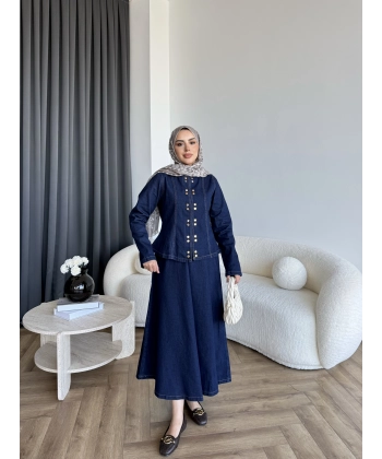 Tb - Çıtçıtlı Etekli Denim Takım - Koyu Mavi