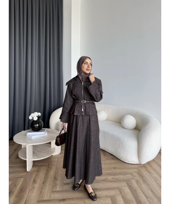 Tb - Işıltı Etekli Kot Takım - Kahve