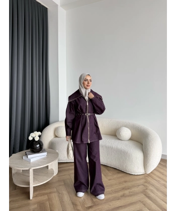 Tb - Selny Fermuarlı Kemerli Kot Takım - Bordo