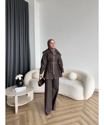 Tb - Selny Fermuarlı Kemerli Kot Takım - Kahve