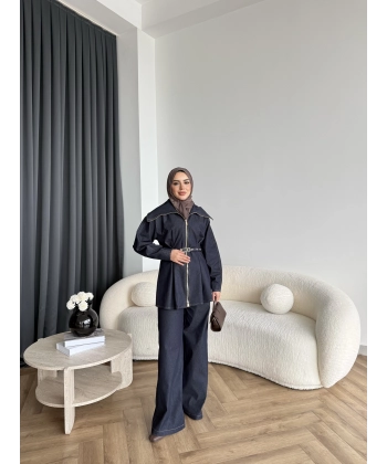 Tb - Selny Fermuarlı Kemerli Kot Takım - Lacivert