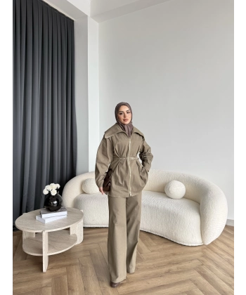 Tb - Selny Fermuarlı Kemerli Kot Takım - Yeşil