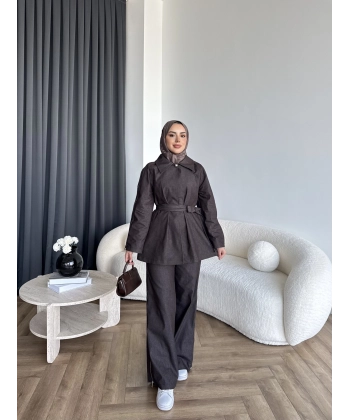 Tb - Yan Fermuar Detay Denim Takım - Kahve