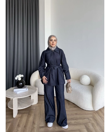 Tb - Yan Fermuar Detay Denim Takım - Lacivert