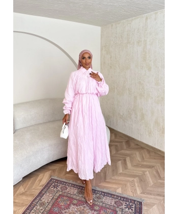 Veluna Kırışık Elbise - Pembe