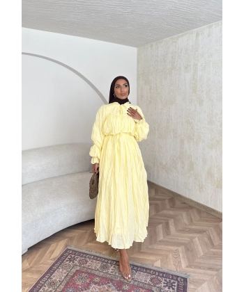 Veluna Kırışık Elbise - Sarı