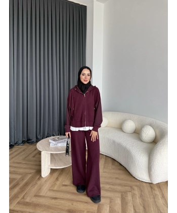 Venusa Kapşonlu Triko Takım - Bordo