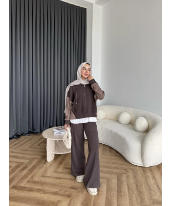 Venusa Kapşonlu Triko Takım - Kahve