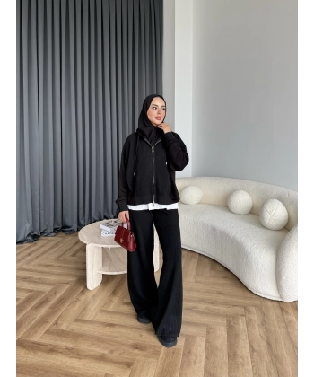 Venusa Kapşonlu Triko Takım - Siyah