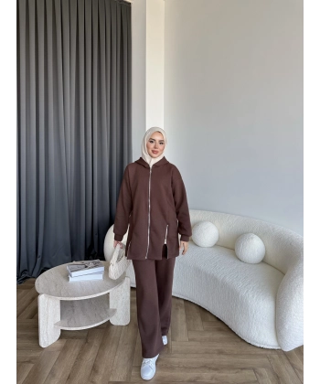 Yan Fermuarlı 3 İplik Takım - Acı Kahve