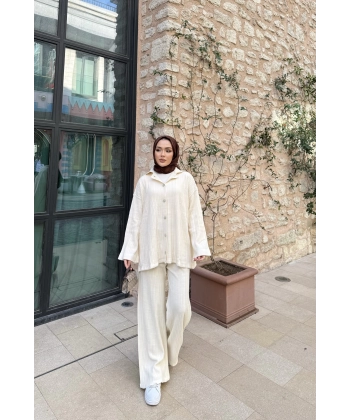 Zeyn Düğmeli Triko Takım - Bej