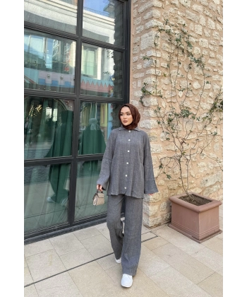 Zeyn Düğmeli Triko Takım - Gri