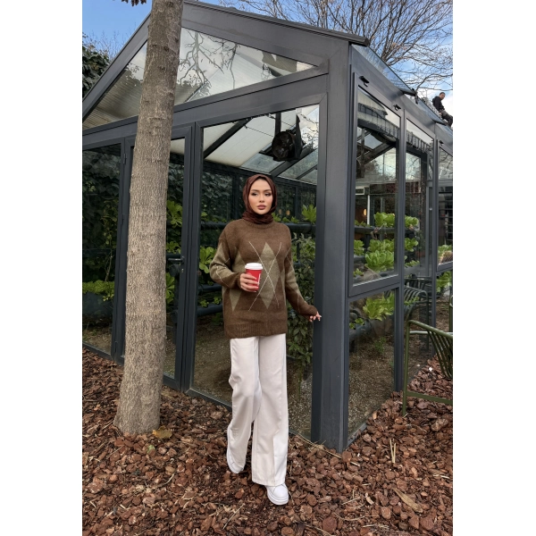 Baklava Dilim Triko Kazak - Kahve