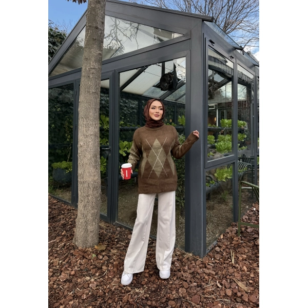 Baklava Dilim Triko Kazak - Kahve