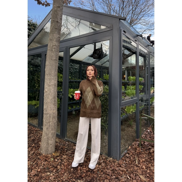 Baklava Dilim Triko Kazak - Kahve