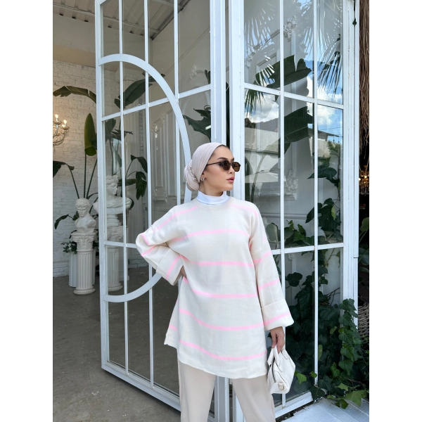 Çizgi Desen İspanyol Kol Triko Kazak - Pudra