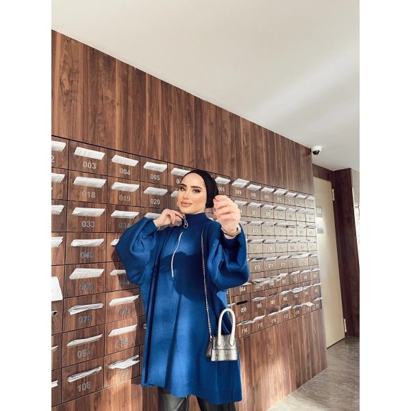 Fermuarlı Sweat Model Triko Kazak - Saks