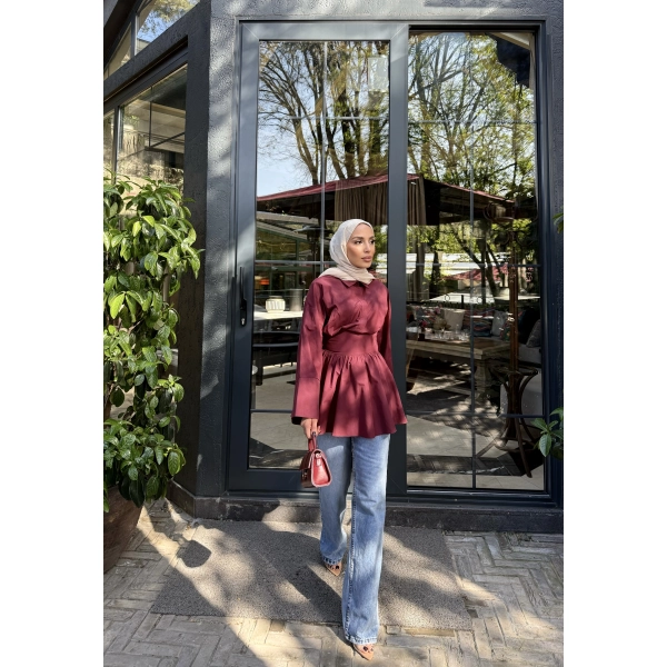 Helino Kuşaklı Gömlek - Bordo