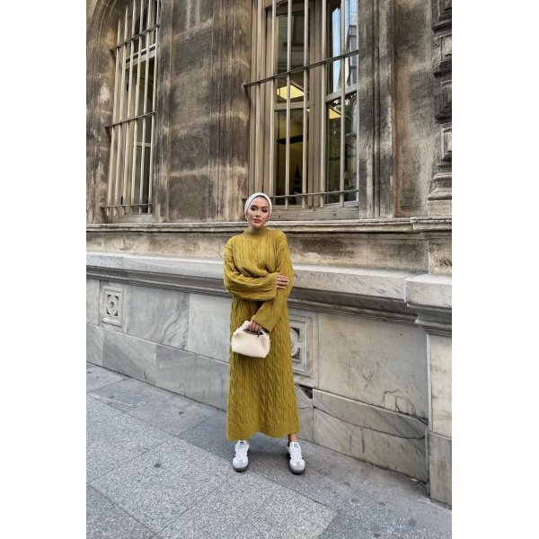 Işıl Örgü Triko Elbise - Yağ Yeşili