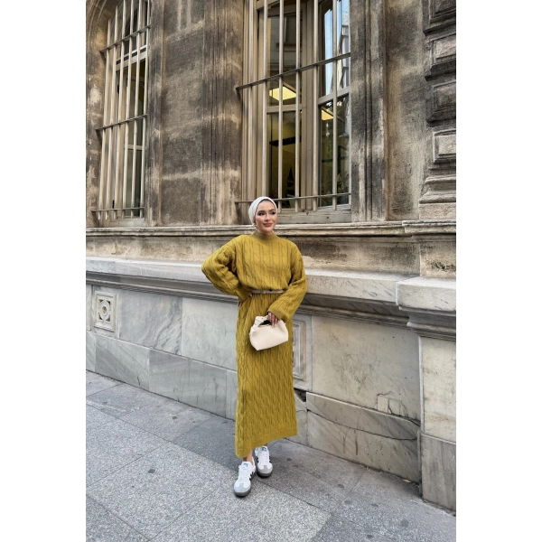 Işıl Örgü Triko Elbise - Yağ Yeşili