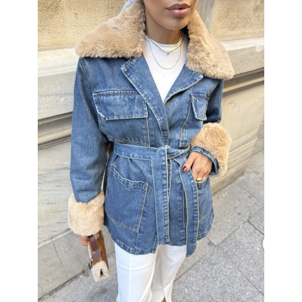 Melen Peluş Detaylı Kot Ceket