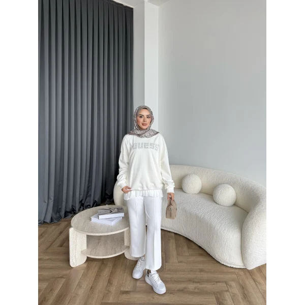 1-Muadil Taşlı Sweat - Beyaz