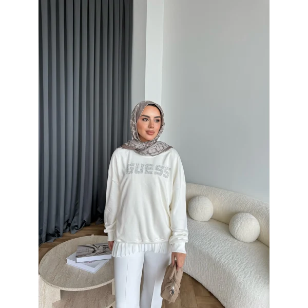 1-Muadil Taşlı Sweat - Beyaz