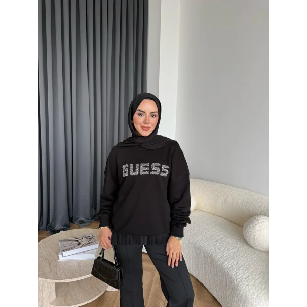 1-Muadil Taşlı Sweat - Siyah