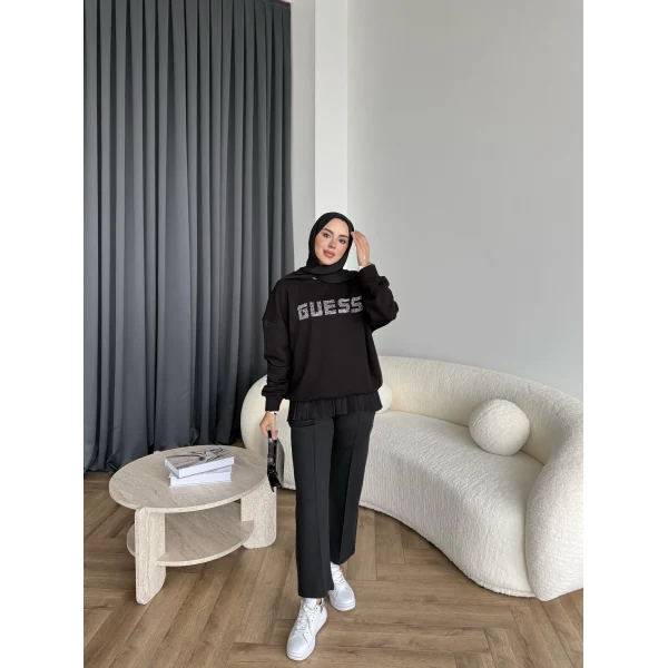 1-Muadil Taşlı Sweat - Siyah