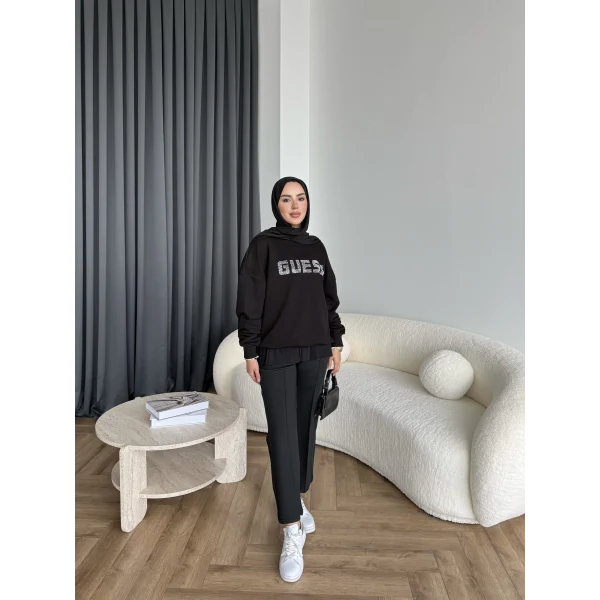 1-Muadil Taşlı Sweat - Siyah