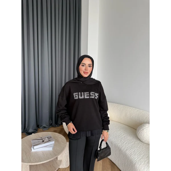 1-Muadil Taşlı Sweat - Siyah
