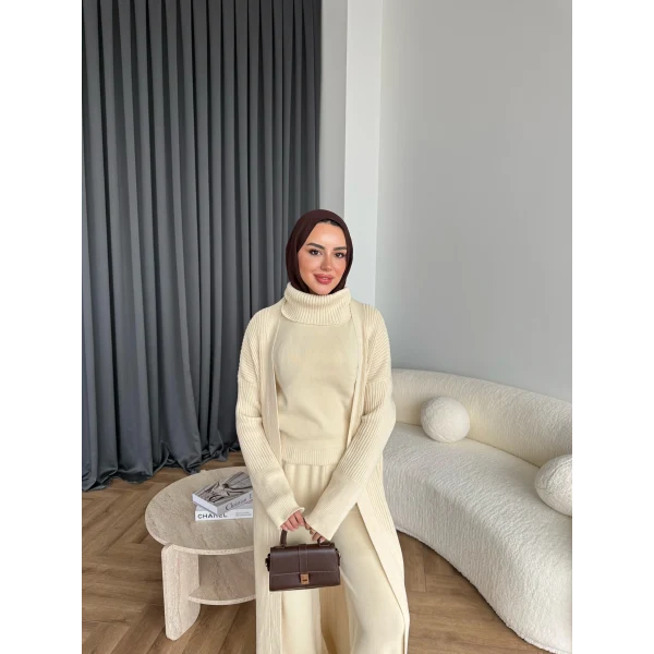 3 Lü Kimono Triko Takım - Bej