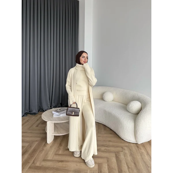 3 Lü Kimono Triko Takım - Bej