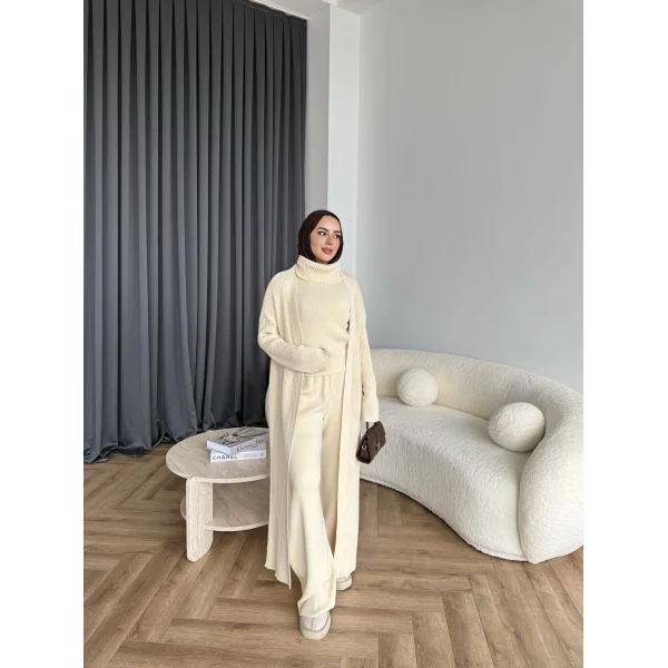 3 Lü Kimono Triko Takım - Bej