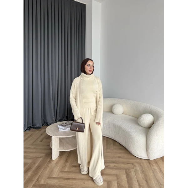 3 Lü Kimono Triko Takım - Bej