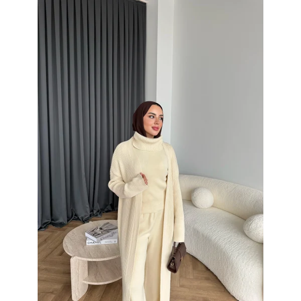3 Lü Kimono Triko Takım - Bej